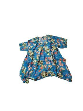 Lands' End womens Floral Sheer Blue Kimono Top With Pom Pom Trim Lightweight